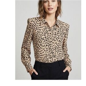 Vince Camuto Women Tan Black Leopard Animal Print Button Down Blouse Large